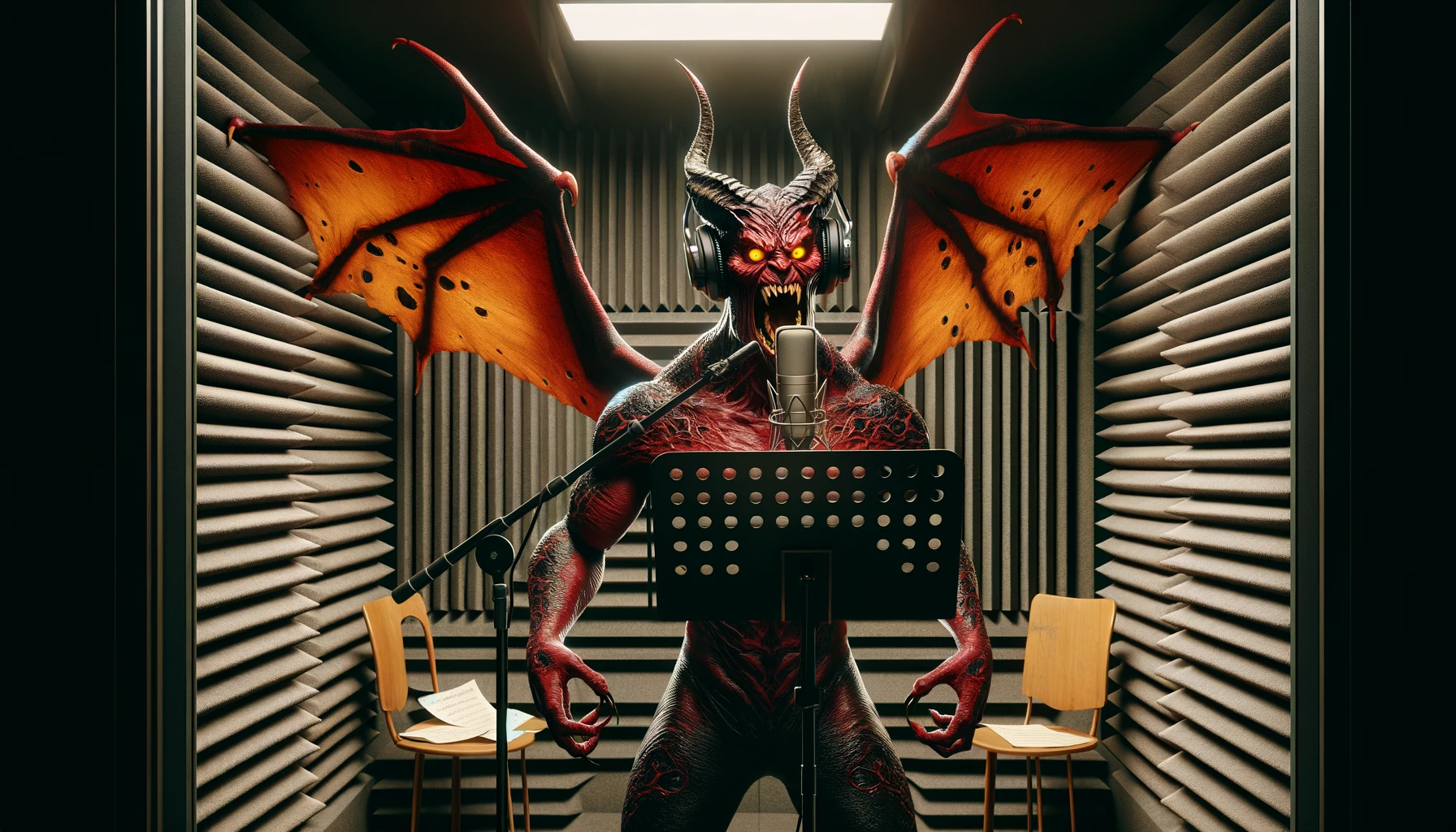a demon recording dialogue in a vocal booth